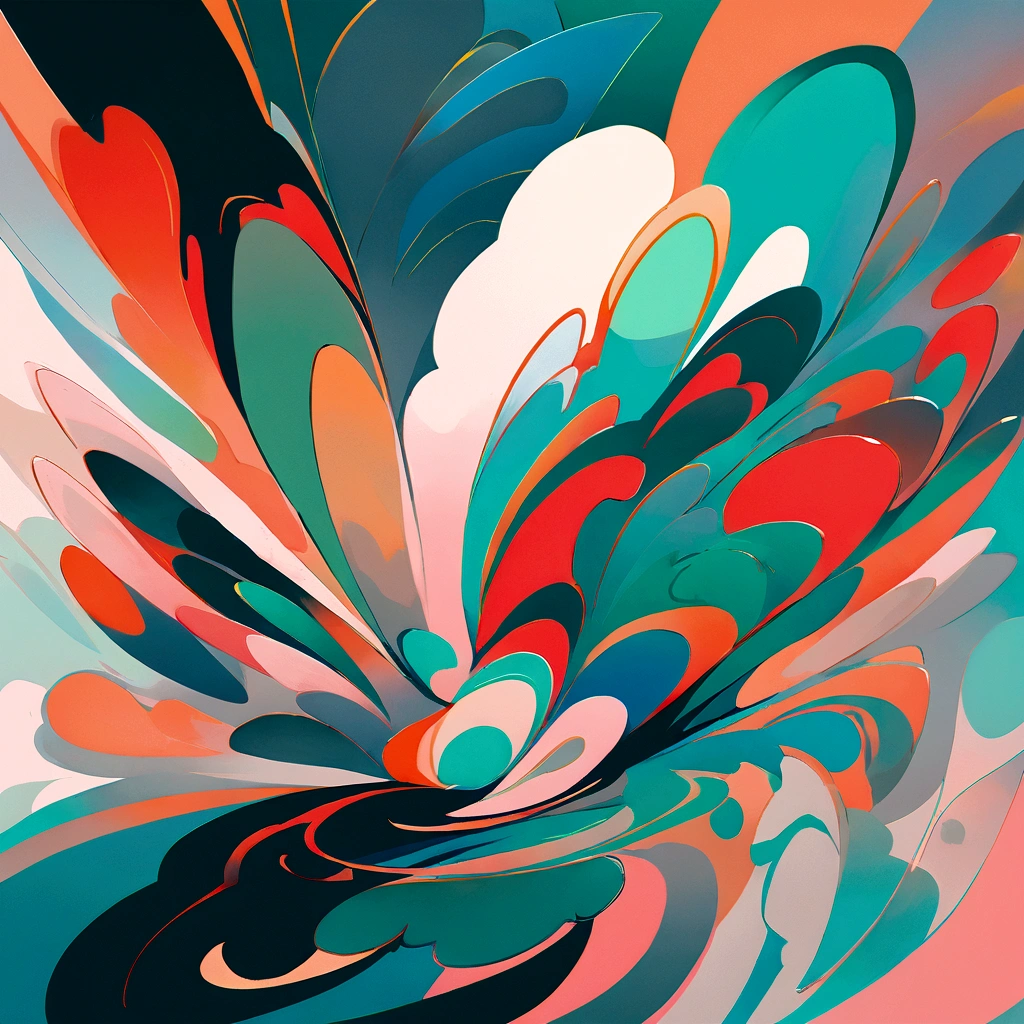 Modern abstract painting, gris, Dark Green, Light Orange, red. gold, Rounded asymmetrical abstract shapes, Harmonious colours, Professional Painting, hiquality