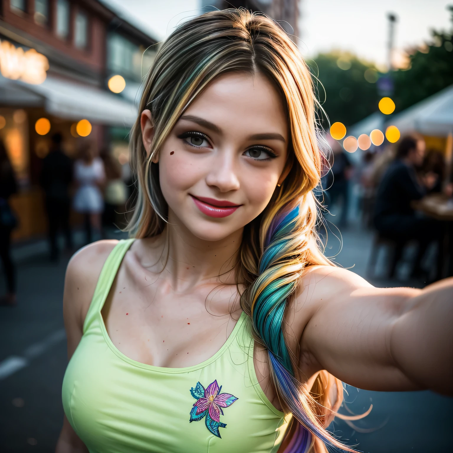 (masterpiece, photorealistic:1.4, extremely intricate:1.3, radiosity, photon mapping, dtx), ((20 year old athletic teenage supermodel, (smiling, happy, long eyelashes, makeup:1.2), yellow flowerprint summer dress, ((top view:1.4, selfie:0.8)), red lips)), ((([skin detail:freckles:0.5], portrait))), outdoor, crowded street, restaurant, coffee, professional photograph, (((long curly [blonde hair:rainbow colored hair:0.2])), wind), BREAK ((sunset, ((film grain))), bokeh), BREAK, ((([medium breasts:large breasts:0.9])))