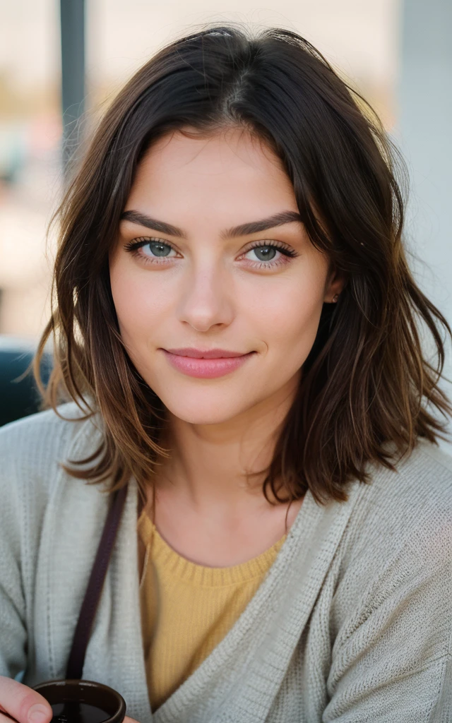 Beautiful and cute blonde in yellow sweater (Drinking coffee in a modern coffee shop at sunset), very detailled, 14歳, inoccent face, naturally wavy hair, blue colored eyes, high resolution, work of art, best qualityer, details Intricate, very detailled, sharp focus, skin detailed, realisitice Hauttextur, texture, detailedeyes, proffesional, 4K, charming smile, taken with Canon, 85mm, light depth of field, Kodak Vision Colors, perfectly fitted body, extremely detaild, photoshot_\(ultra\), photoshotrealisitic, realisitic, Post-processing, maximum details, roughness, real-life, ultrarealisitic, photoshotrrealismo, photoshot, 8k hd, photoshot