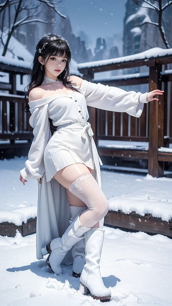 (RAW Shooting:1.2)、(Photorealistic:1.4)、(masterpiece:1.3)、(Top quality:1.4)、(Beautiful woman，Have a perfect body:1.4)、Japanese young women、(Kawaii:1.2)、(full-body shot)、(Mid-chest:1.3)、Beauty breasts、(Slender beautiful girl)、(sexy model posing:1.3)、Like a dream、Happy smiling face、(Beautifully detailed eyes)、(Charming big eyes)、(Nice double eyelids)、(Beautiful and delicate face)、(Short Bob:1.3)、Cute little、side fringe、Look at the audience、(Loose white cardigan、Off-shoulder、Tight mini skirt、Thick black pantyhose、snow boots:1.3)、(Beautiful thighs)、(Snow Mountain、Snow Scene:1.3)、Snowflakes dancing、Bokeh、