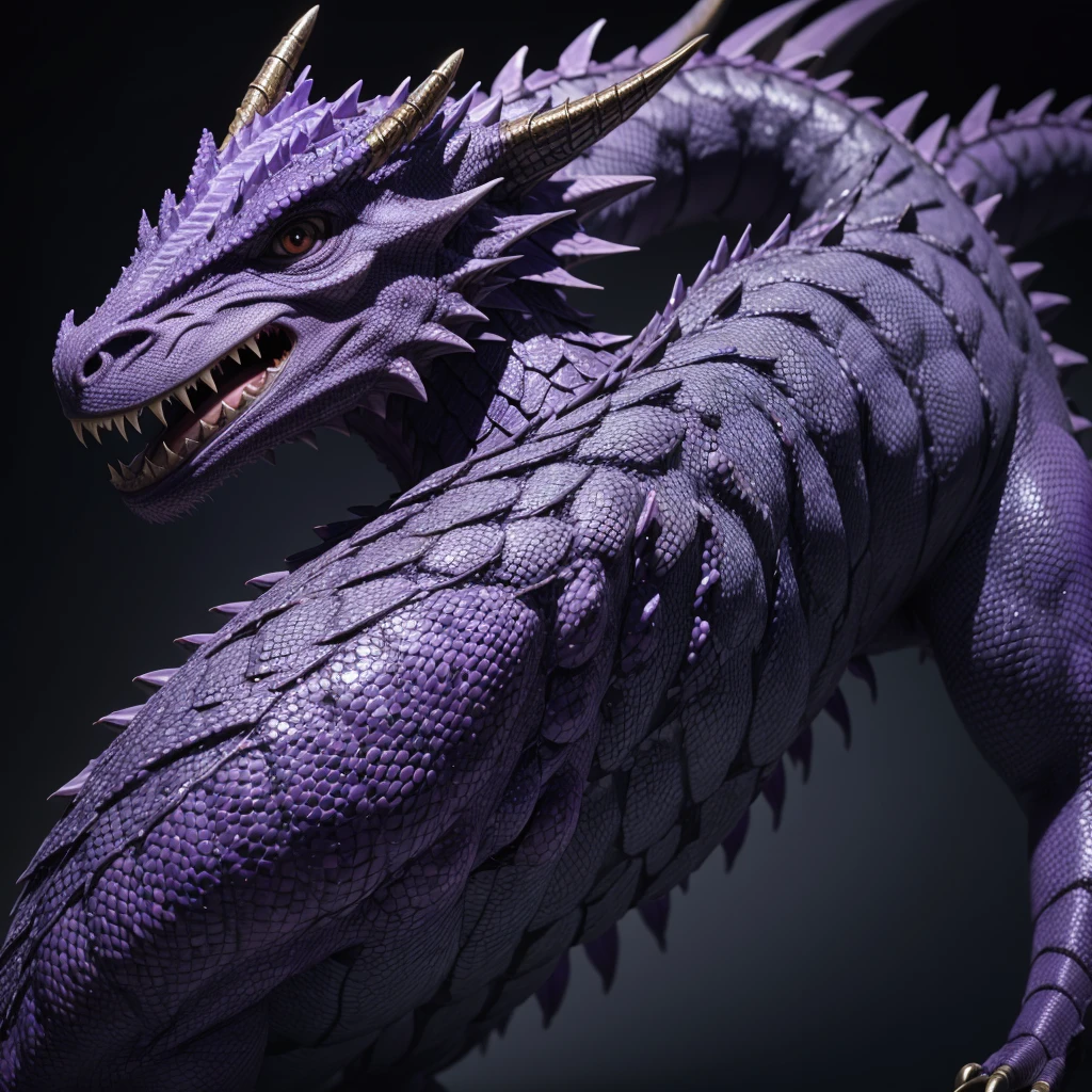 A dragon with purple scaly skin , with eyes ,grises , strong body ,