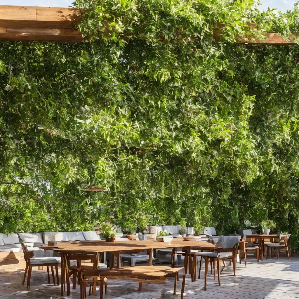 terrace with wooden wall, warm light, PLANTS