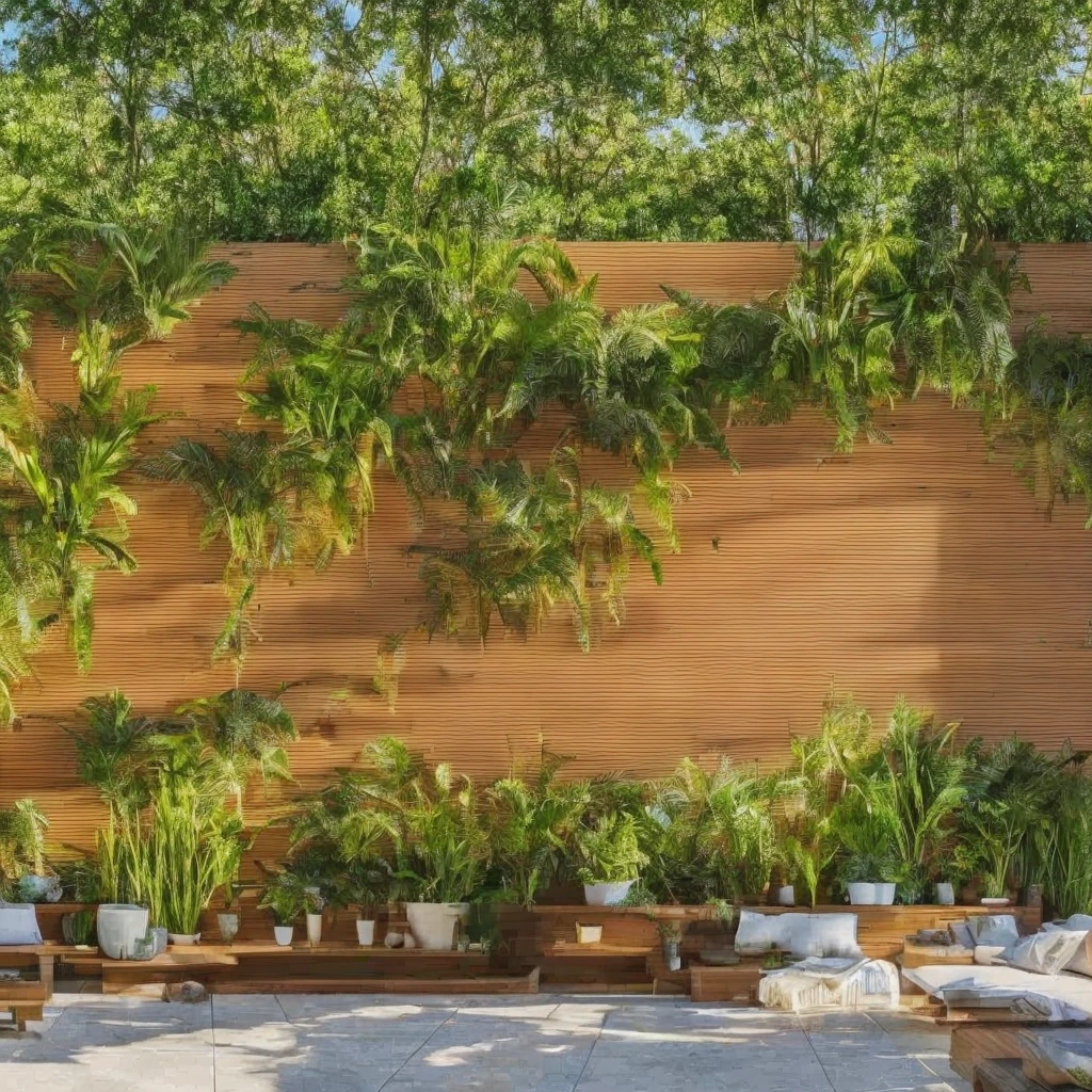 terrace with wooden wall, warm light, PLANTS