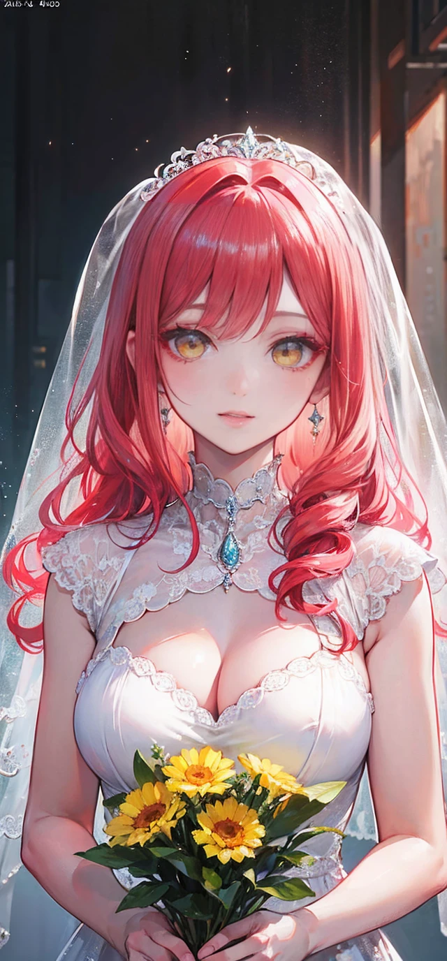 (best quality,4K,8K,height,Masterpiece:1.2),very detailed,(realistic,photorealistic,photo-realistic:1.37),Beautifully detailed yellow eyes,Beautifully detailed lips,ดวงตาและใบหน้าที่very detailed,Long eyelashes,pink hair,colorful background,curly wavy hair,Hair flowing like a forest,Ethereal atmosphere,(soft,Delicate) skin,Flawless makeup,natural light,soft focus,romantic setting,(elegant,many) wedding dress,Ethereal curtain,Amazing bouquet,sparkling jewelry,Smile confidently.,charming gesture,การเคลื่อนไหวที่elegant,Dreamy atmosphere,artistic elements,bright colors,flawless skin texture,เงาอันDelicate,Amazing highlights,soft color palette,nighttime.