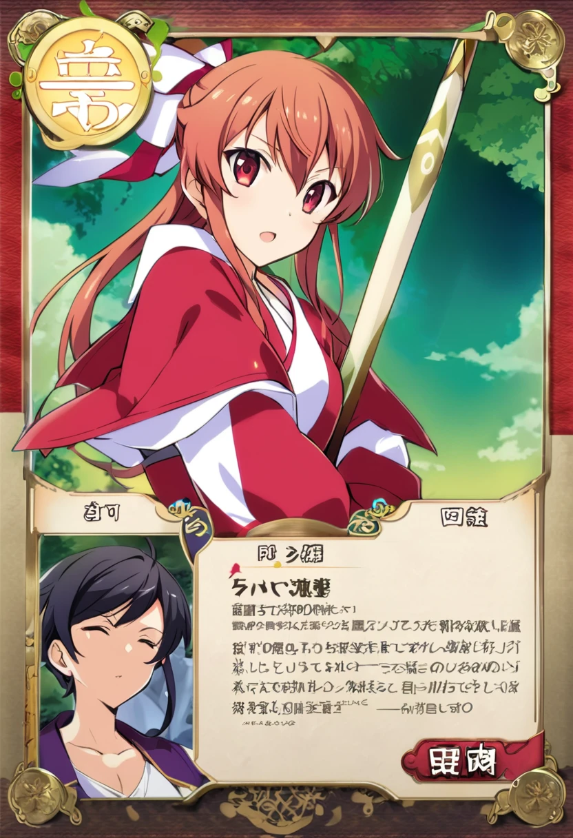 A woman dressed in red and white holding a green spear, Concept art inspired by Kamisaka Sekka, Pixiv, What it is？, akiyuki shinbou, Sengoku period art style, shikanosuke yagaki, Anime characters, taisho roman, Official character art, tsukasa dokite, From the Sengoku period