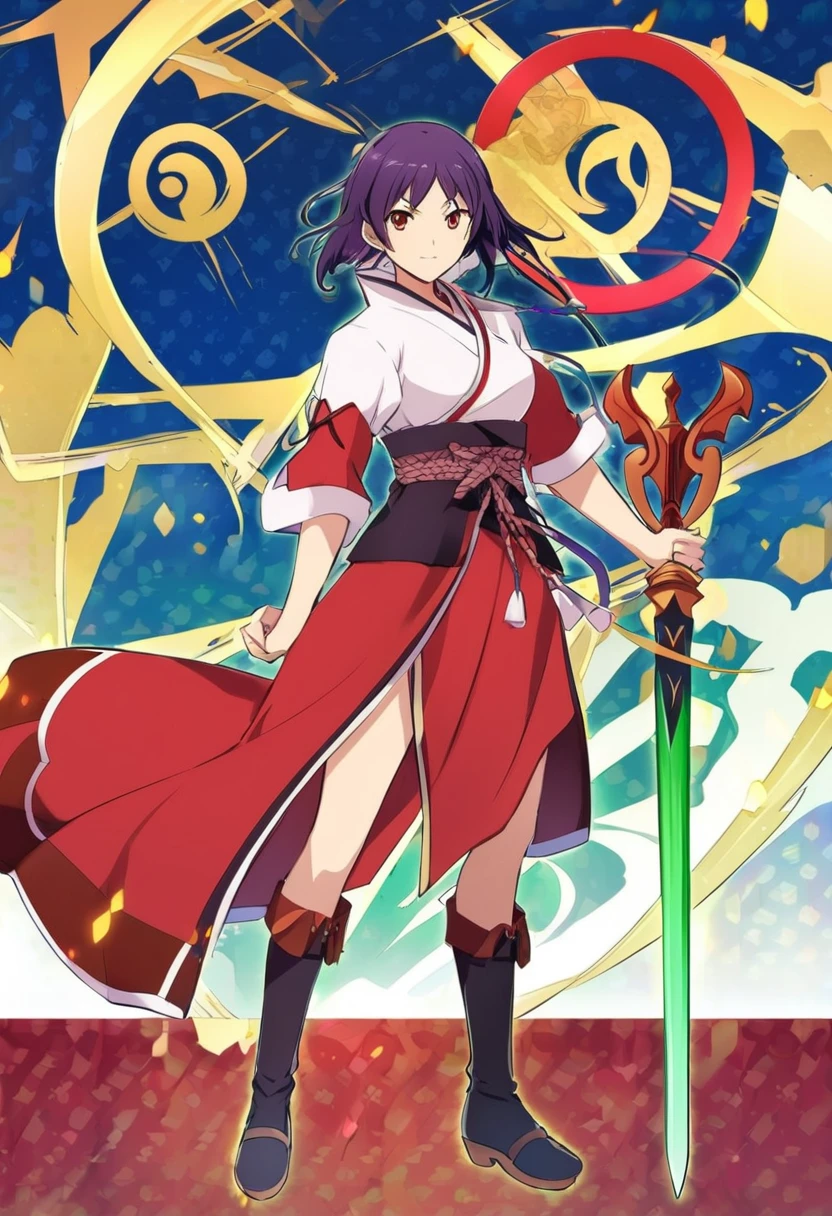 A woman dressed in red and white holding a green spear, Concept art inspired by Kamisaka Sekka, Pixiv, What it is?, akiyuki shinbou, Sengoku period art style, shikanosuke yagaki, Anime characters, taisho roman, Official character art, tsukasa dokite, From the Sengoku period
