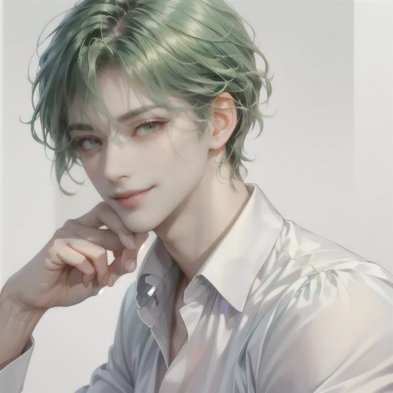 ((GREEN HAIR MESSY HAIR MAN))((BRIGHT VERY BRIGHT YELLOW EYES))((SEDUCTIVE EYES))((ILLEGAL))((SMIRK))((SUBTLE COCKY SMIRK))((SEXY LOOKING FACE))((MATURE))((GREEN HAIR))((YELLOW EYES))((RELAXED))((ELEGGANT WEAR))((ELEGANT BG))((MATURE MALE OLD MALE))(SAME HAIR, SAME EYES) (SAME PICTURE, GREY EYES), (INTRICATE DETALED OUTFIT, BUSINESS OUTFIT), GREY EYES, SANE HAIR,(((BANGS EYE LEVEL))), COLORFUL, NICE BUSINESS BG,