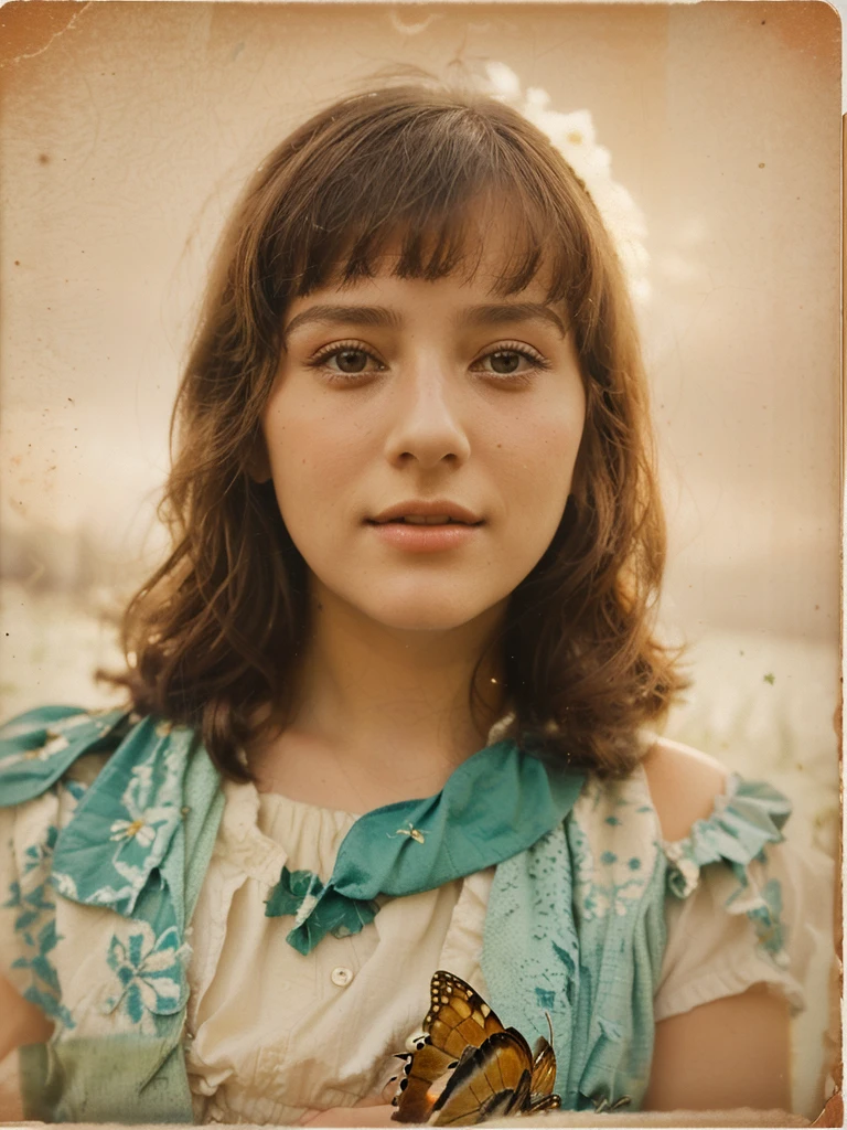 a close up of a young girl with a butterfly on her shoulder, photo of the girl, a colorized photo, realistic old photo, transformation portrait, realistic old photograph, historical image, looks like ebru şahin, old color photograph, old color photo, old picture, 🤤 girl portrait, young girl, portrait photoreal, colorized photo, real life portrait
