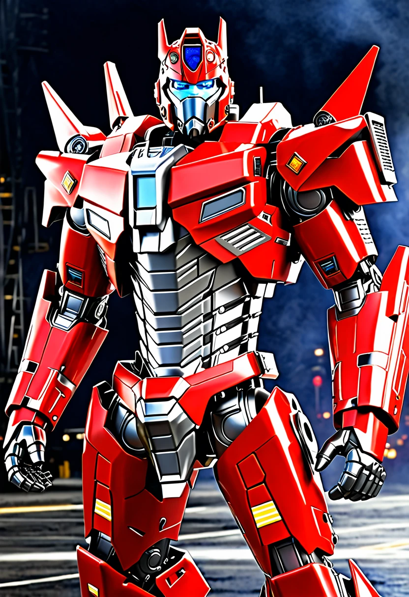 Create a realistic Sentinel Prime image with chrome parts and numerous detailed parts. It should look robust and magnificent, with a detailed background and professional lighting. Sentinel Prime must have small, squinting blue eyes, plus an expressive look with metallic lips and nose. Include a firefighter&#39;s locket and a red helmet typical of a firefighter. Your pieces should be predominantly red, with the bust incorporating elements of a fire truck. The image must be full body, showing your broad shoulders, arms and body with characteristics of a fire truck. Also add firefighter icons: 🚒⛑️👩‍🚒.