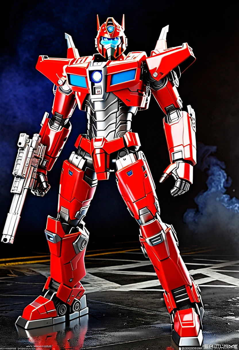 Create a realistic Sentinel Prime image with chrome parts and numerous detailed parts. It should look robust and magnificent, with a detailed background and professional lighting. Sentinel Prime must have small, squinting blue eyes, plus an expressive look with metallic lips and nose. Include a firefighter&#39;s locket and a red helmet typical of a firefighter. Your pieces should be predominantly red, with the bust incorporating elements of a fire truck. The image must be full body, showing your broad shoulders, arms and body with characteristics of a fire truck. Also add firefighter icons: 🚒⛑️👩‍🚒.