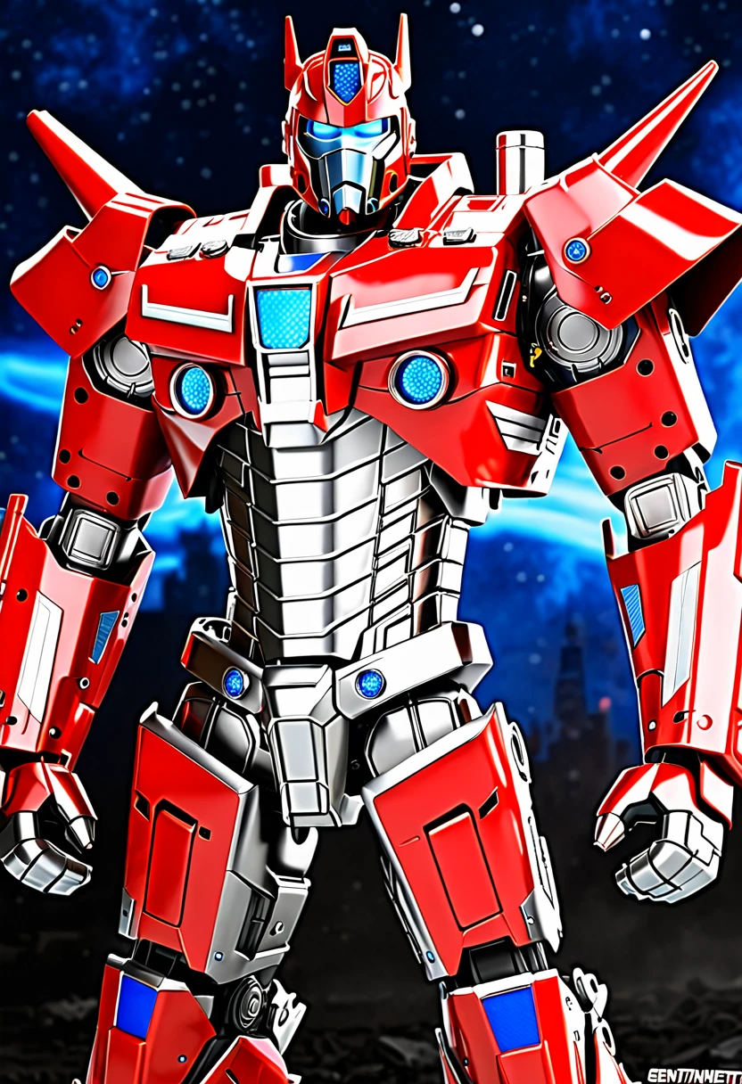 Create a realistic Sentinel Prime image with chrome parts and numerous detailed parts. It should look robust and magnificent, with a detailed background and professional lighting. Sentinel Prime must have small, squinting blue eyes, plus an expressive look with metallic lips and nose. Include a firefighter&#39;s locket and a red helmet typical of a firefighter. Your pieces should be predominantly red, with the bust incorporating elements of a fire truck. The image must be full body, showing your broad shoulders, arms and body with characteristics of a fire truck. Also add firefighter icons: 🚒⛑️👩‍🚒.