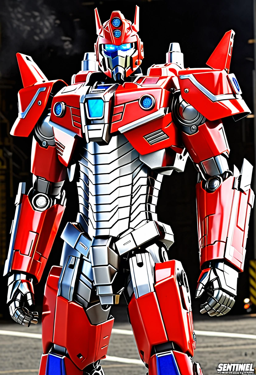 Create a realistic Sentinel Prime image with chrome parts and numerous detailed parts. It should look robust and magnificent, with a detailed background and professional lighting. Sentinel Prime must have small, squinting blue eyes, plus an expressive look with metallic lips and nose. Include a firefighter&#39;s locket and a red helmet typical of a firefighter. Your pieces should be predominantly red, with the bust incorporating elements of a fire truck. The image must be full body, showing your broad shoulders, arms and body with characteristics of a fire truck. Also add firefighter icons: 🚒⛑️👩‍🚒.