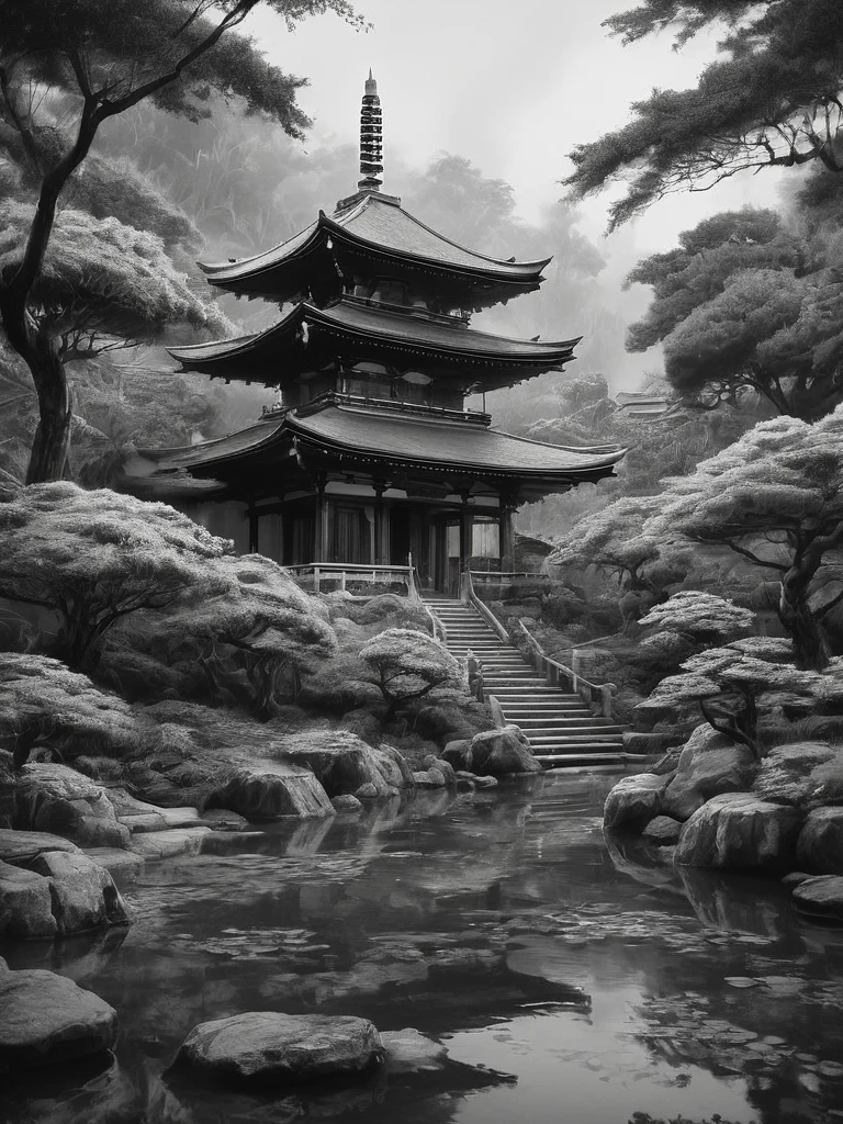 stunning black and white graphite sketch of Japanese temples in a Japanese garden, panoramic shot, in dynamic pose, by Anna Razumovskay, (by Alyssa Monks:1.1), by Joseph Lorusso, by Lilia Alvarado, beautiful lighting, sharp focus, 8k, high res, (pores:0.1), (sweaty:0.8), Masterpiece, Nikon Z9, Award - winning photograph, --ar 16:9 --style raw --stylize 750 --niji 6, perfect composition, beautiful detailed intricate insanely de