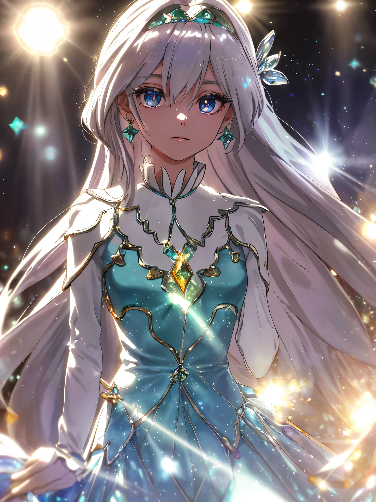 masterpiece, highest quality, figure, alexandrite eyes and hair, platinum earrings, Platinum Necklace, white dress, The Little Mermaid, cute, (dynamic lighting:1.2), cinematic lighting, delicate features, fine eyes, sharp pupils, realistic student, Depth of bounds written, Bokeh, sharp focus, (very detailed, bloom, shine:1.4), Many Small Gems