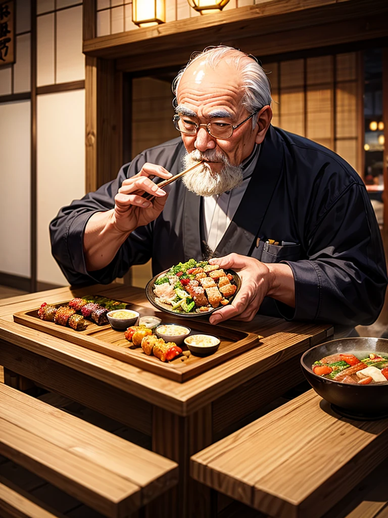 Highest quality,Highest Resolution,An old man eating yakitori at an izakaya,table,