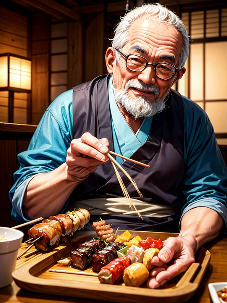Highest quality,Highest Resolution,An old man eating yakitori at an izakaya,table,