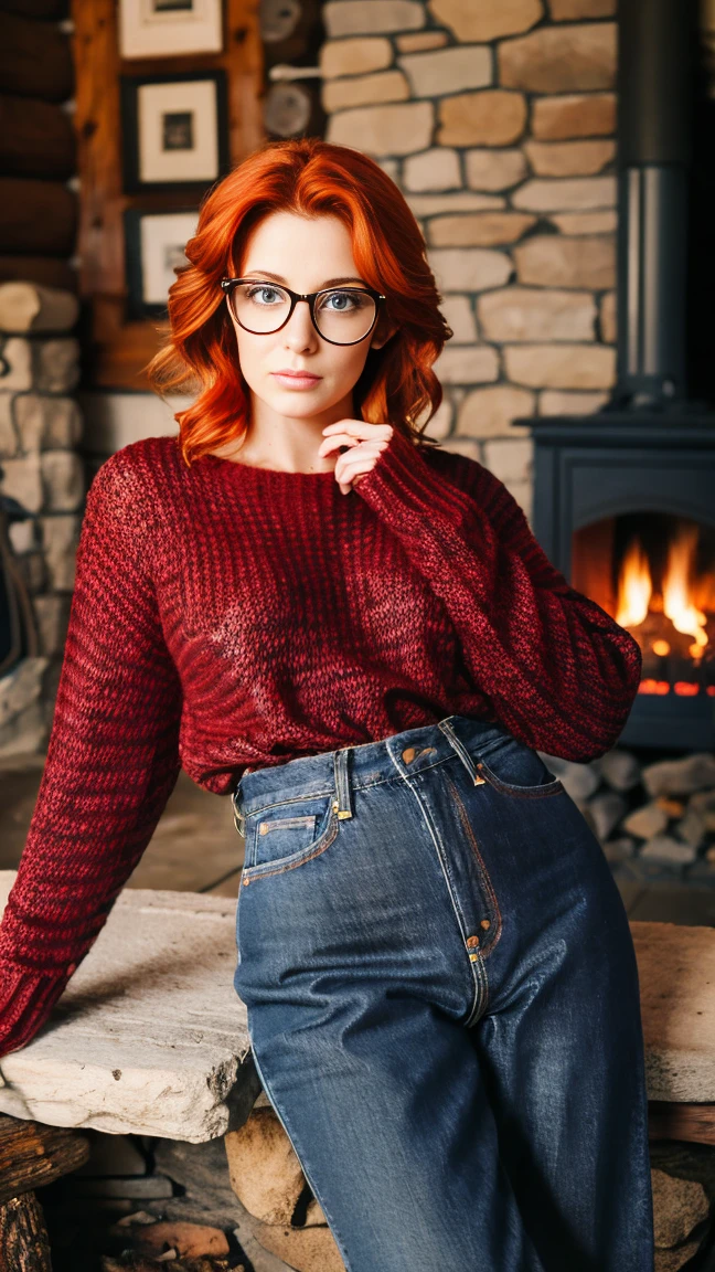 single focus lens, face is realistic, sensual woman, photographed, red hair, ice blue eyes, narrow waist, beautiful , (sweater and jeans:1.2), at a cabin in the woods, with glasses, sitting by the fireplace, looking cozy and content.