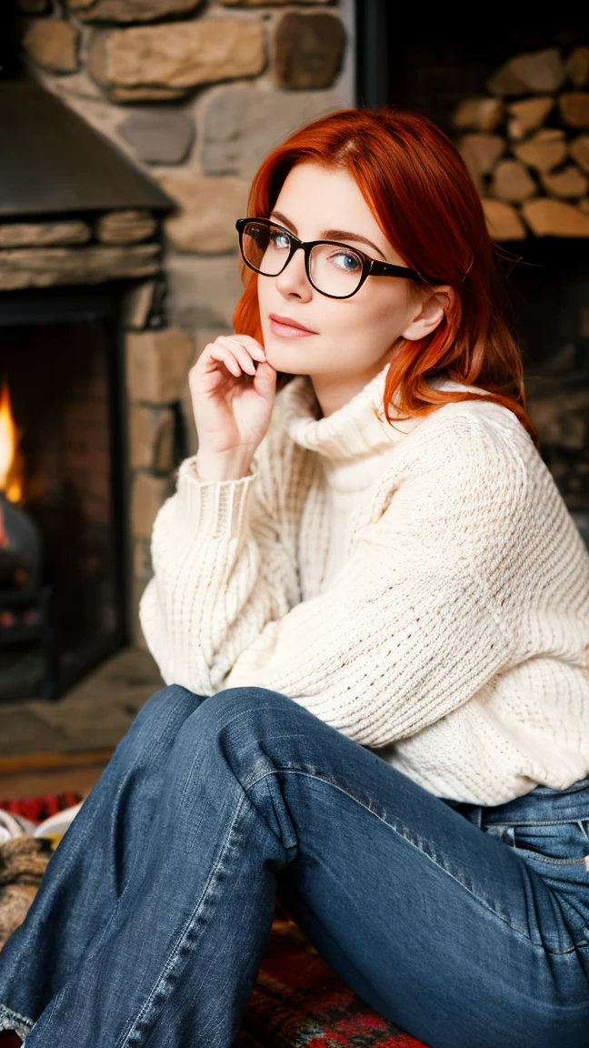 single focus lens, face is realistic, sensual woman, photographed, red hair, ice blue eyes, narrow waist, beautiful breasts, (sweater and jeans:1.2), at a cabin in the woods, with glasses, sitting by the fireplace, looking cozy and content.