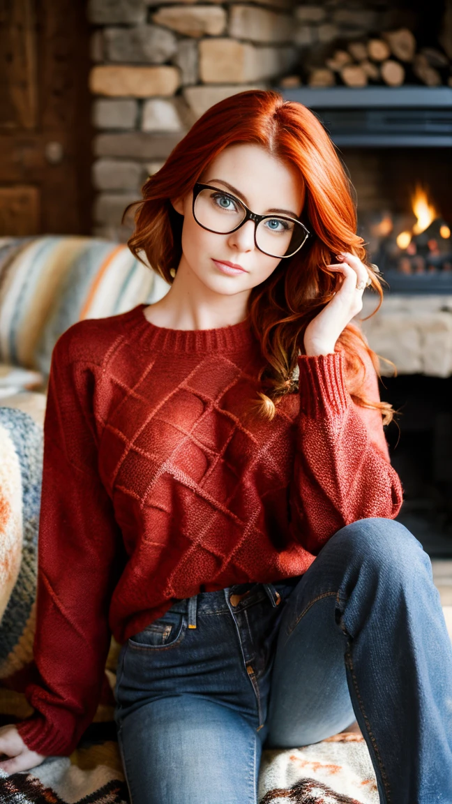 single focus lens, face is realistic, sensual woman, photographed, red hair, ice blue eyes, narrow waist, beautiful breasts, (sweater and jeans:1.2), at a cabin in the woods, with glasses, sitting by the fireplace, looking cozy and content.