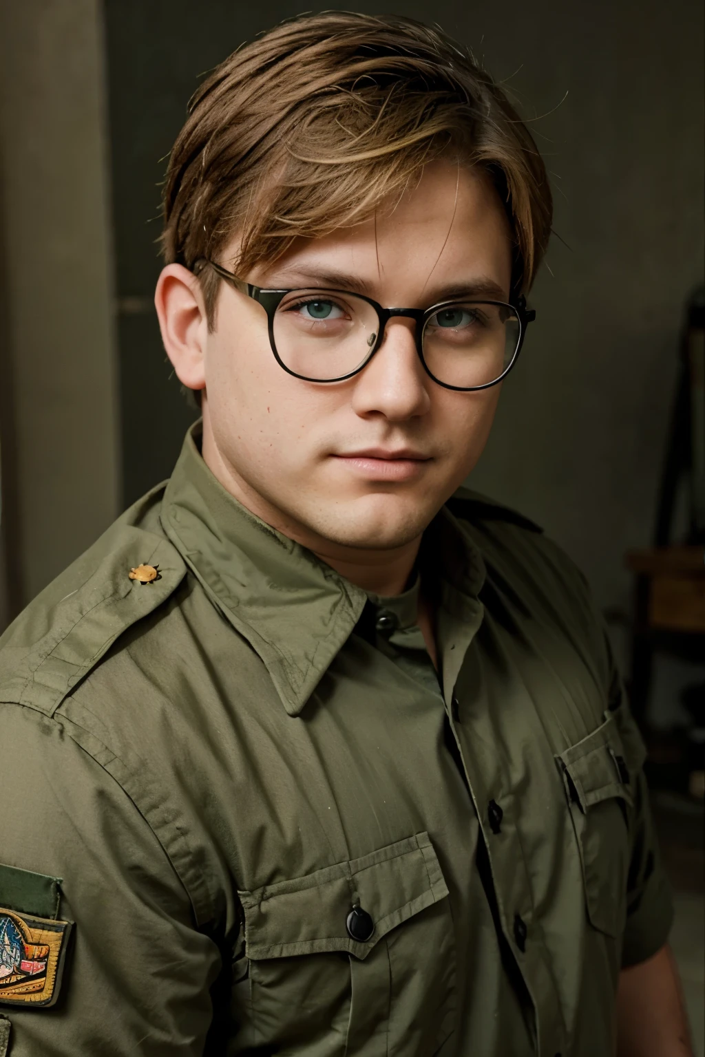 A chubby boy, green eyed blonde, glasses with military style clothing 