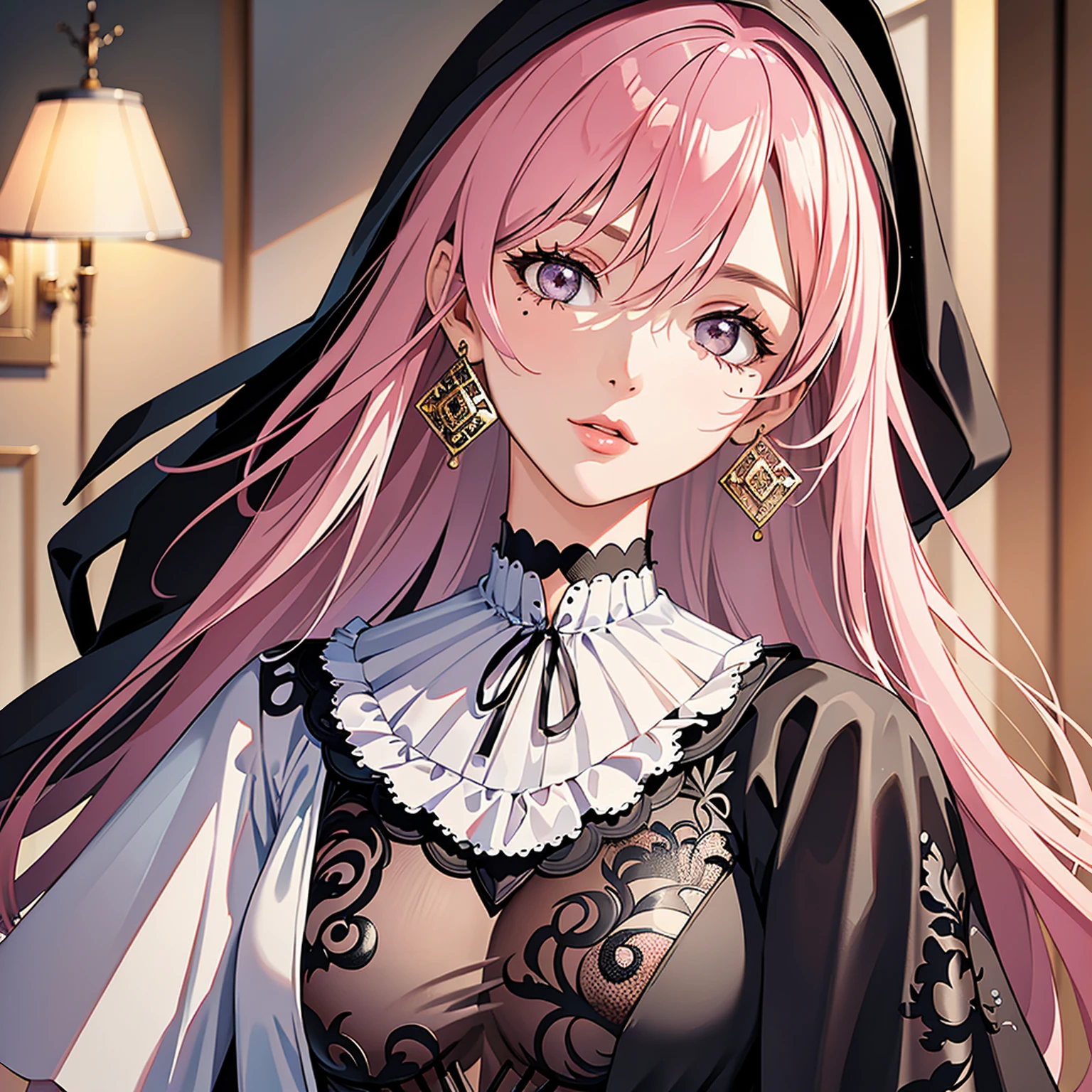 (masterpiece, high quality, 4k:1.4), 1girl, solo, pink hair, brown eyes, double-parted bangs, long hair, (mature female, mature:1.2), mole under eye, earrings, brown jacket, white lace dress, close up, detailed face, beautiful detailed eyes, beautiful detailed lips, extremely detailed face, long eyelashes, intricate details, cinematic lighting, warm color palette, dramatic lighting