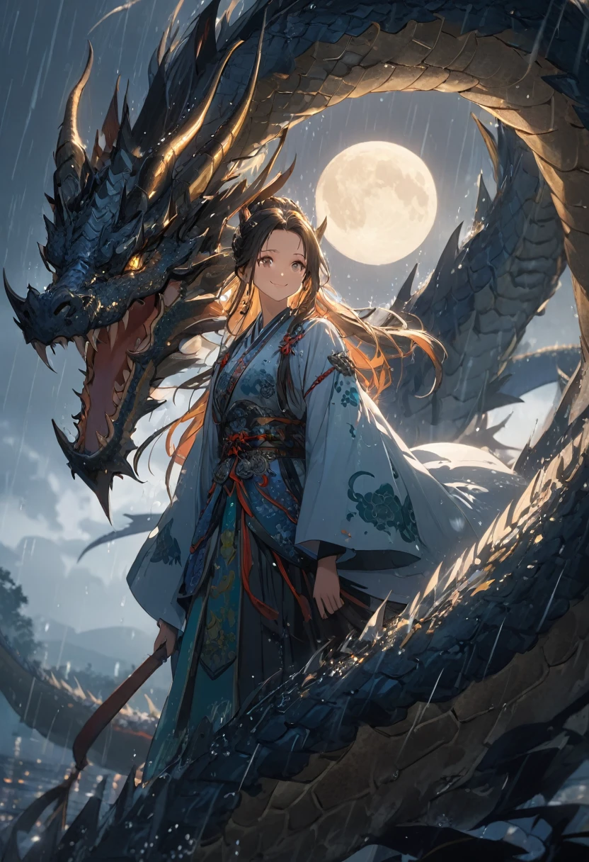 high-res,8K,((((ultra detailed face)))),((big smiling))).((forehead)),woman on her beautiful dragon,rainy,soft light,moon