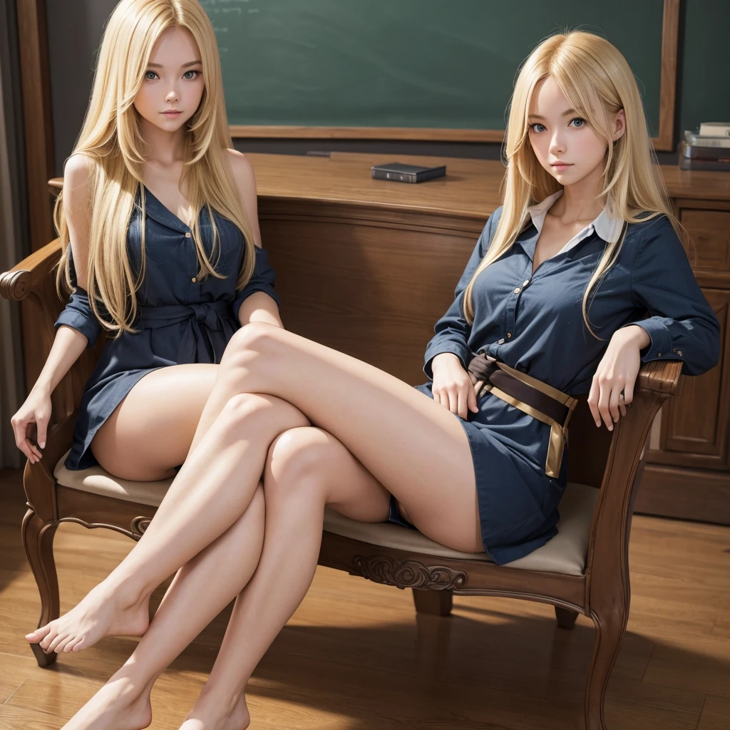 Blonde long hair girl,tiny waist,Huge thighs, sitting crossed legs crossed ankles like a lady like a teacher would on a chair Left leg on the right 