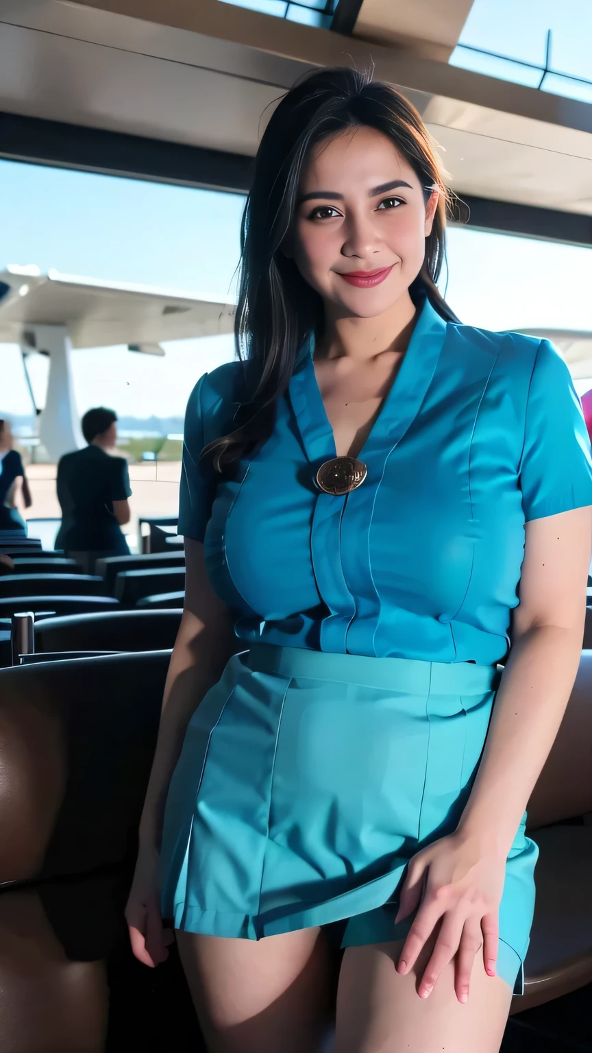 (best quality,4k,highres),ultra-detailed,realistic,cosplay, stewardess uniform, in the airport, (crowded:1.5), unbutton clothes, unbutton t-shirt, mini skirt, skirt lift up, open legs,beautiful woman,(big breasts:1.5), show nipples detailed, dark hairy pussy, pubic hair,vivid colors,portrait,soft lighting
