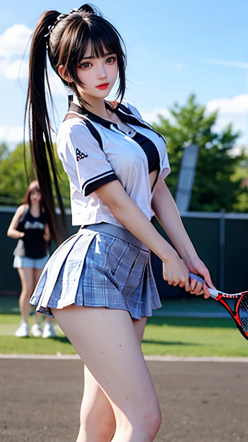 （Very delicate and beautiful：1.2）super model,,Big Breasts,Beautiful breasts,voluptuous,【bike shorts】,,【3girls】,,Highest quality, High resolution, 8K,Kick in a hurry,Tennis Wear.mini skirt