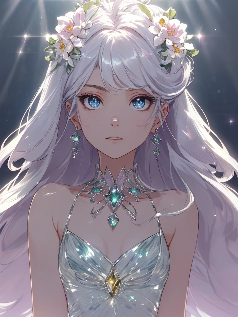masterpiece, highest quality, figure, alexandrite eyes and hair, platinum earrings, Platinum Necklace, white dress, The Little Mermaid, cute, (dynamic lighting:1.2), cinematic lighting, delicate features, fine eyes, sharp pupils, realistic student, Depth of bounds written, Bokeh, sharp focus, (very detailed, bloom, shine:1.4), Many Small Gems