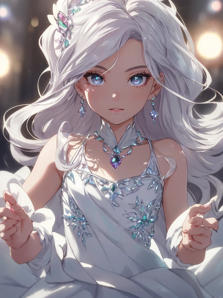 masterpiece, highest quality, figure, alexandrite eyes and hair, platinum earrings, Platinum Necklace, white dress, The Little Mermaid, cute, (dynamic lighting:1.2), cinematic lighting, delicate features, fine eyes, sharp pupils, realistic student, Depth of bounds written, Bokeh, sharp focus, (very detailed, bloom, shine:1.4), Many Small Gems