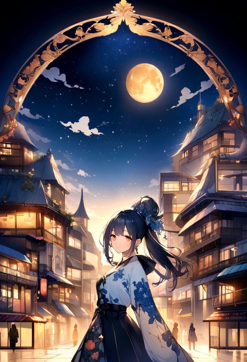 A fusion of graphic art and painting art、girl、Unusual street fashion、night、Starry Sky、front、Uplifting、Transparency、Bright Cities、wood々is rich、morning、High quality、Detailed Background、high resolution、Sparkling