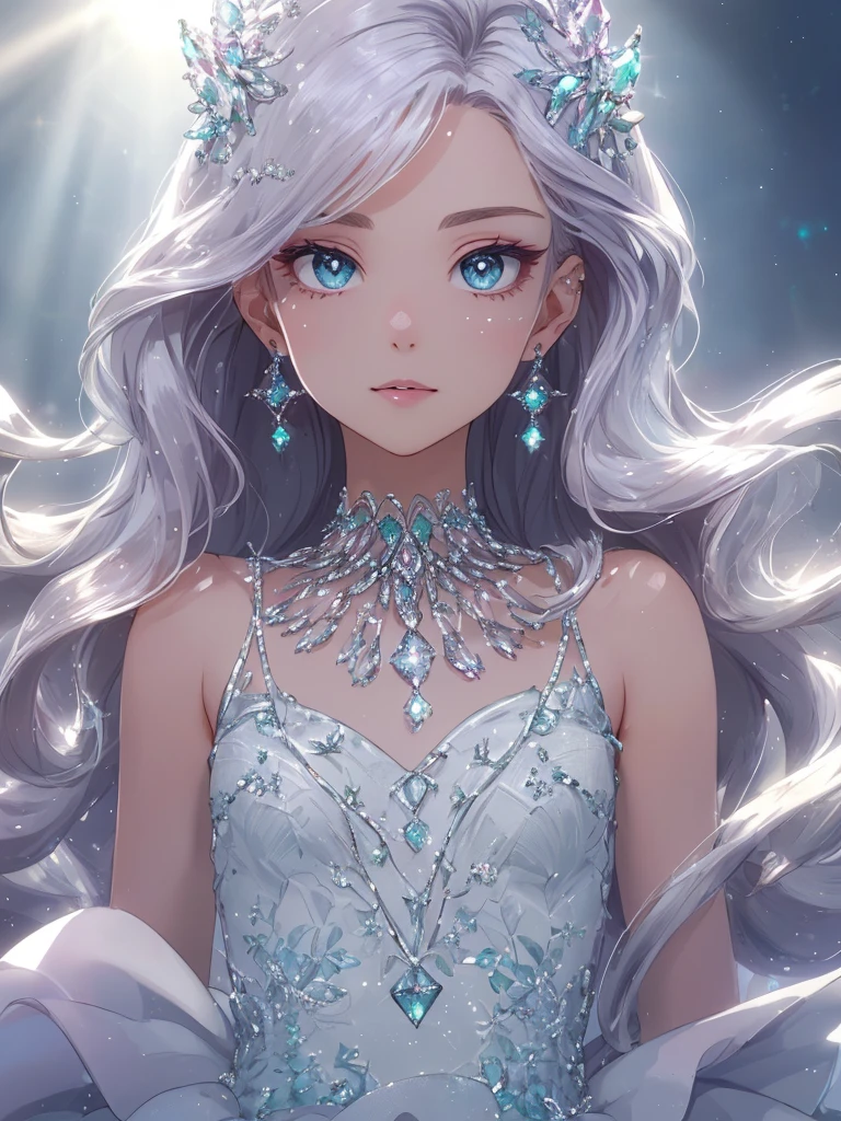 masterpiece, highest quality, figure, alexandrite eyes and hair, platinum earrings, Platinum Necklace, white dress, The Little Mermaid, cute, (dynamic lighting:1.2), cinematic lighting, delicate features, fine eyes, sharp pupils, realistic student, Depth of bounds written, Bokeh, sharp focus, (very detailed, bloom, shine:1.4), Many Small Gems