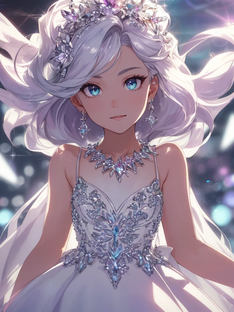 masterpiece, highest quality, figure, alexandrite eyes and hair, platinum earrings, Platinum Necklace, white dress, The Little Mermaid, cute, (dynamic lighting:1.2), cinematic lighting, delicate features, fine eyes, sharp pupils, realistic student, Depth of bounds written, Bokeh, sharp focus, (very detailed, bloom, shine:1.4), Many Small Gems