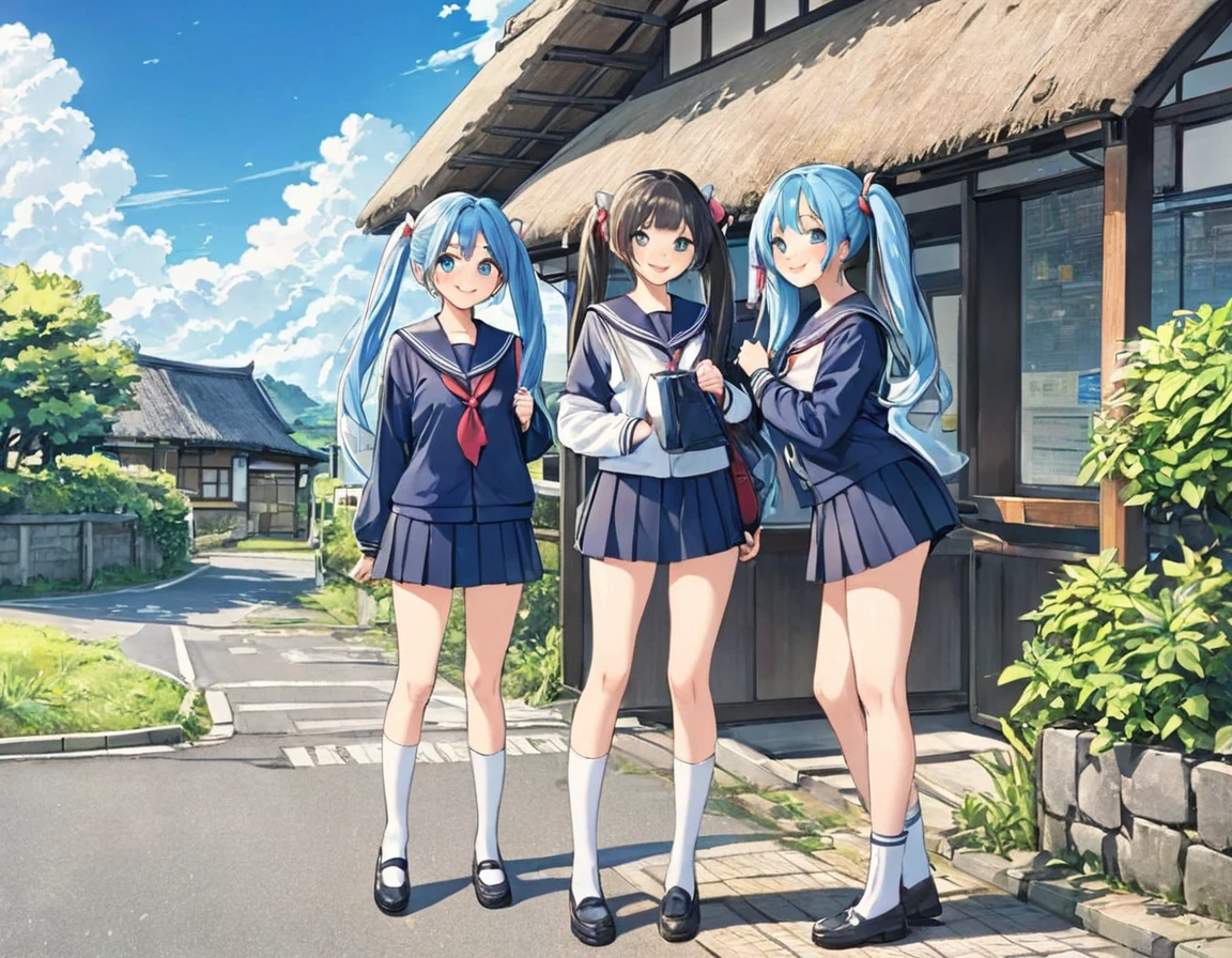 Light blue long hair、Two beautiful girls with twin tails、Sailor suit、Bright smile、Full Body View、Rural Scenery、Rural landscape、Waiting for the bus at the bus stop in front of an old thatched roof house、I can see the bus、White clouds in blue sky、Face Highlights