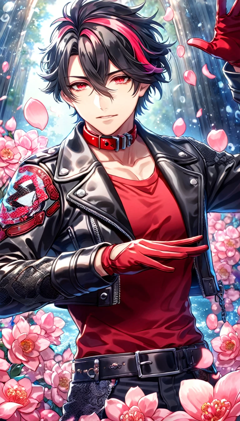 absurdres, highres, ultra detailed, HDR, master piece, best quality, Shin, black hair, messy hair, expressive red eyes, red streaks, Amnesia Memories, solo, sexy man, handsome, cropped black leather jacket, red shirt with black patterns, red collar, red gloves, water, fantasy, magical, shining, pink flowers, pink blossoms, pink petals