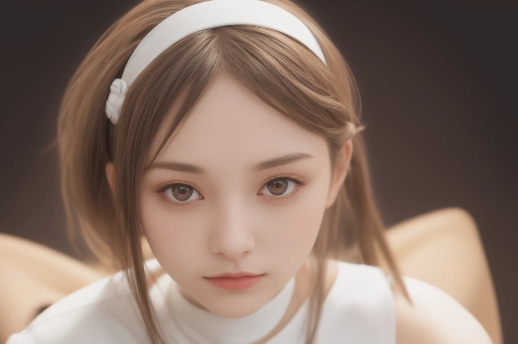 female, white hairband, brown hair, brown eyes
