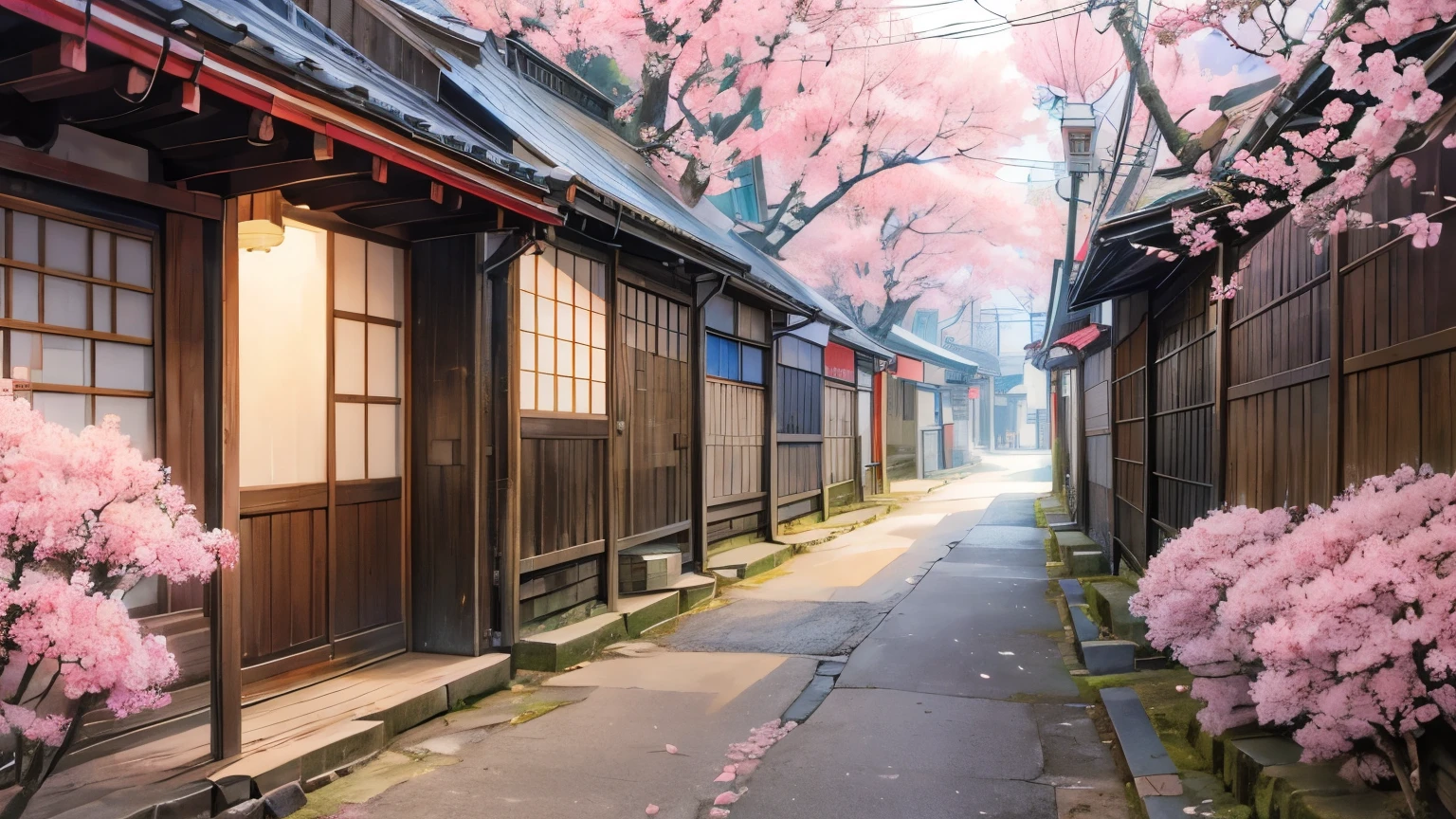 A narrow street in a small Japanese town, lined with cherry blossoms, gently falling petals and old wooden houses. Anime style.