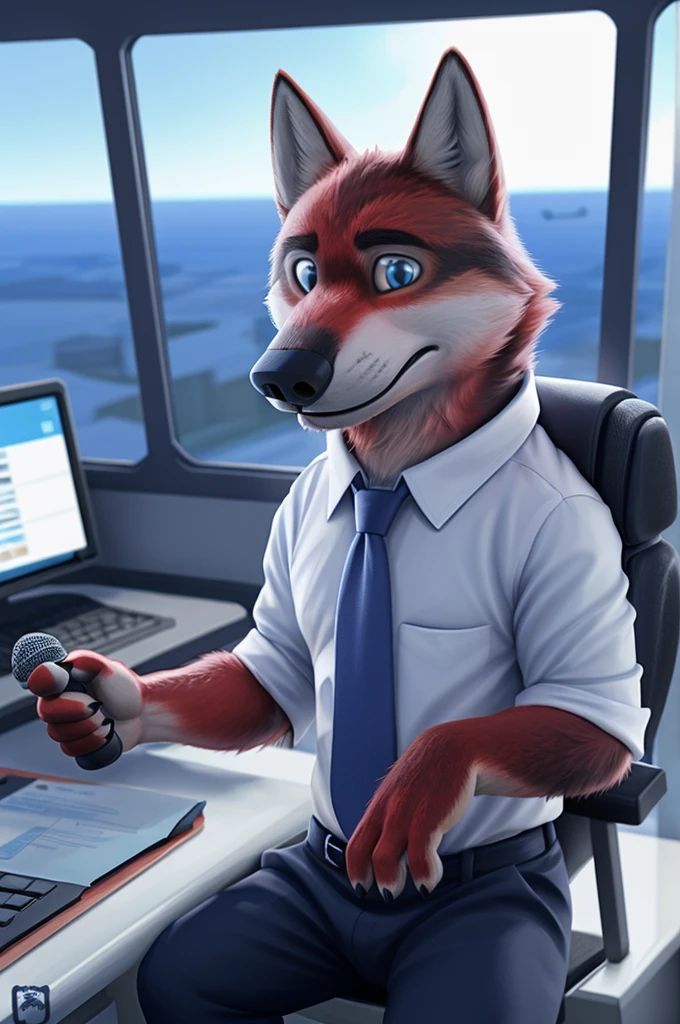 Ivan Fedorovich Wolfbach (Novosibirsk) ,tall handsome, wolf,young, 24 years, brown fur,Kind,(red body:1.3),beautiful blue eyes,Novosibirsk,dressed,civil aviation pilot uniform,White shirt,commander's epaulettes, черный tie, trousers,air traffic controller, trousers,canine, wolf, detailed fur, male, second, paw pads, finger claws,At the viewer, 5 fingers, paws, 5 fingers, smile, wrist watch, т nextel,by xenoforge, (difficult, high detail, digital photography, soft focus, RAW,goes for a walk, ,Very close to the camera,airport,Novosibirsk, smile, good mood, positive, Very close to the camera, plaid shirt, At the hairdresser, without hair, captain's epaulets,
Photorealism, realistic, photorealistic, digital style, Subsurface tering,I look at the viewer,стоит White shirt is sitting, at the computer, radars, microphone, trousers, tie,air navigation tower, close to the camera,window view of airplanes, is sitting,
masterpiece, Best quality, ultra realistic, 8 thousand.)