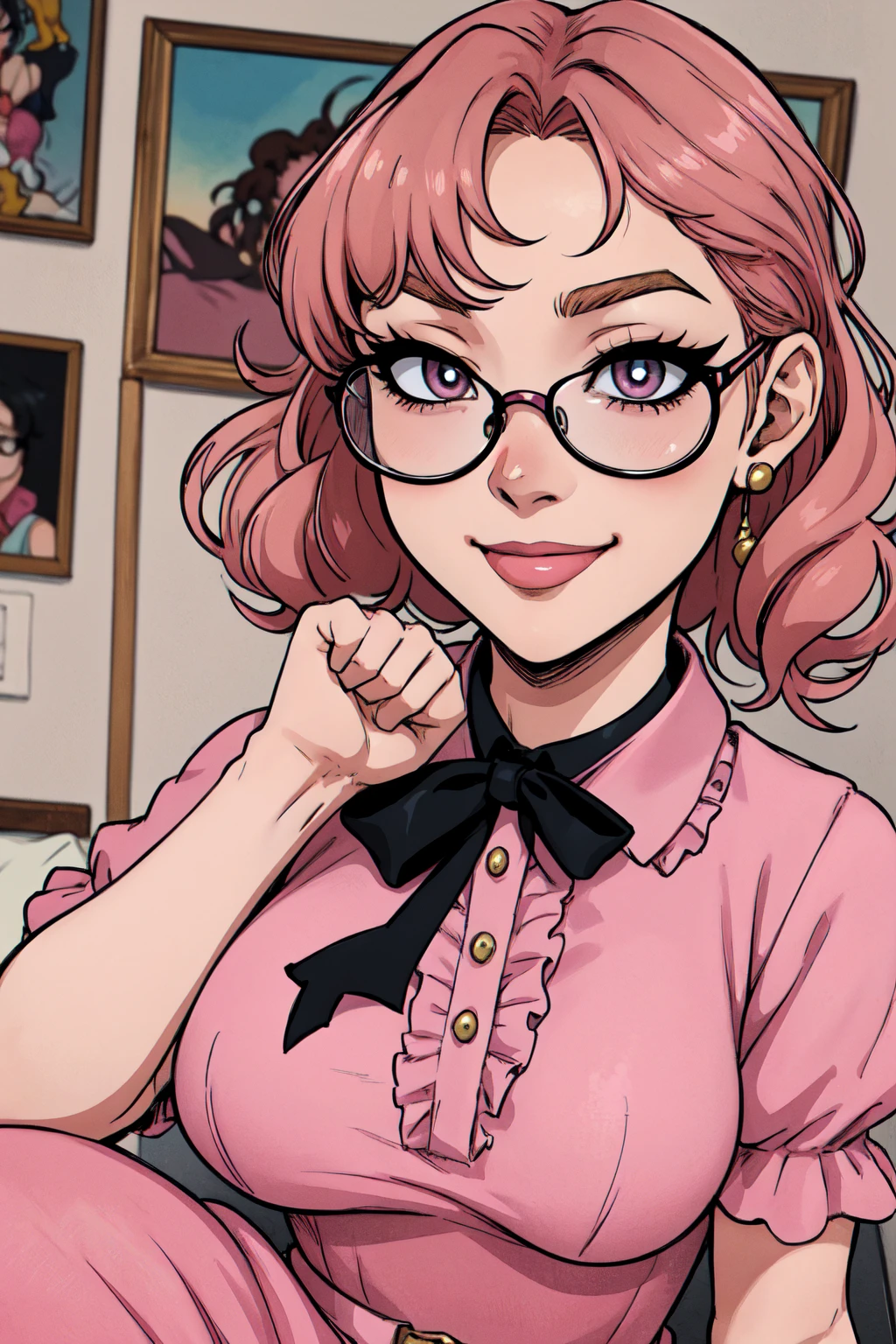 {-erro_de_anatomia:1.0}(best quality,4k,8k,highres,masterpiece:1.2) Anime girl tuxedo with curly hair, hazelnut hair and round gold glasses, rose gold eyes. Guviz style art, attractive detailed art style, Charlie Bowater Style, 1 7 - year - old cute anime girl, detailed manga style, detailed anime character art, germ of art. High detail, stunning manga art style. Rose dress. (pink dress) . Wearing rose gold Victorian clothing, dynamic poses, smile. Different Pose, upper body, sitting