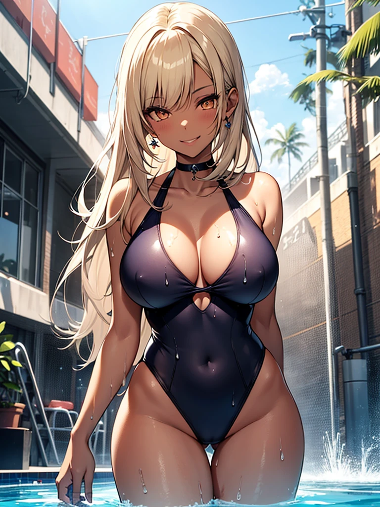 1girl, breasts, dark-skinned female, solo, dark skin, blonde hair, swimsuit, smile, one-piece swimsuit, pool, covered navel, long hair, large breasts, looking at viewer, choker, cleavage, blush, bangs, jewelry, orange eyes, collarbone, wet, earrings, competition swimsuit, highleg, thighs, water