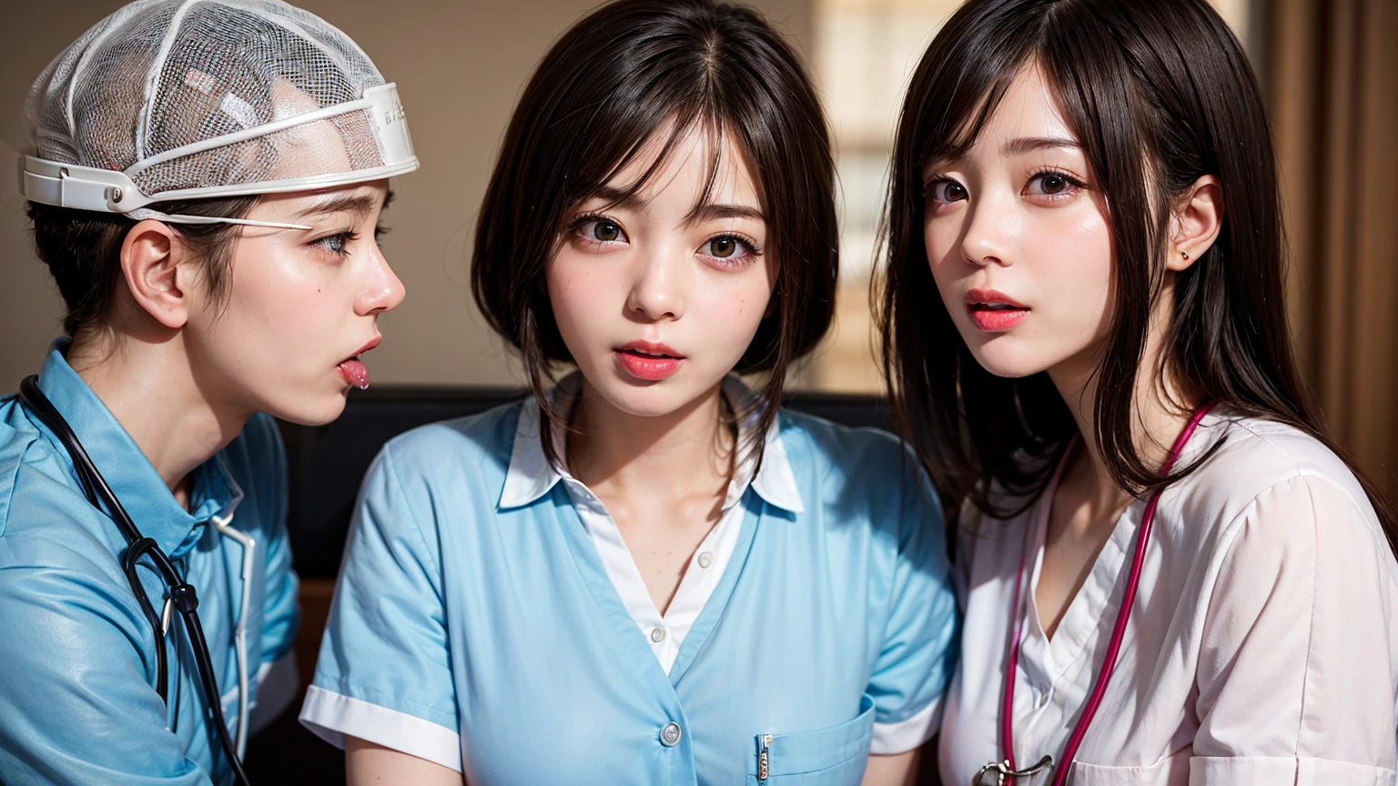 8K quality、High resolution、Two Nurses、Realistic skin texture、Two women love a penis sandwiched between them、High resolutionの肌、Women licking a man's penis with their tongues、Princess Hair、thin、Small and young breasts、Open the mouth to reveal a realistic tongue、Beautiful cleavage、Gray Hair、blue eyes、thin脚、Blonde French braid、、Full Body Shot、Wetting、Tearing clothes