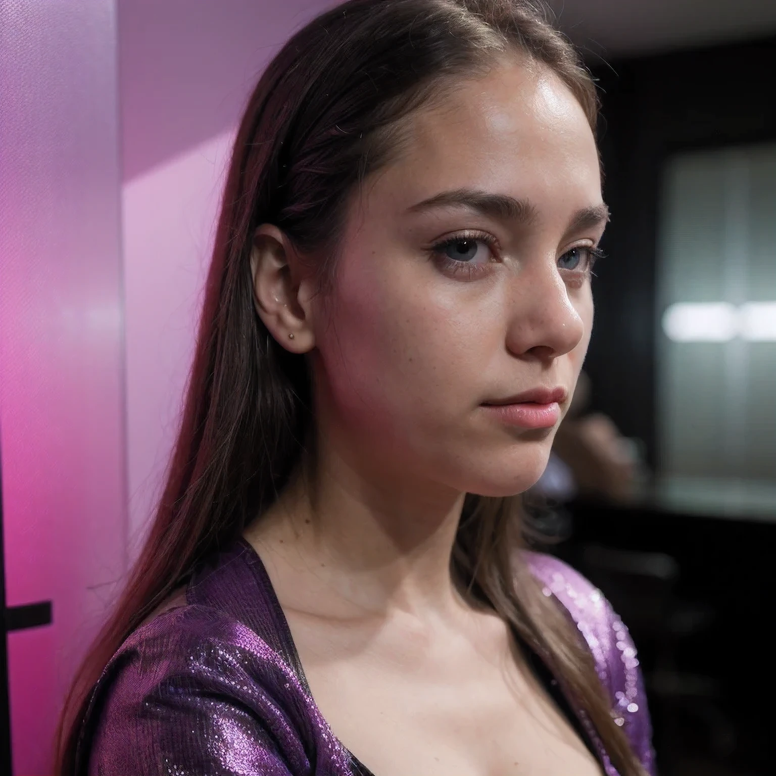 Photo of a college student, Purple Pink, Futuristic space suit, (freckle:0.8) Cute face, Science Fiction, Dystopia, Delicate eyes, Green pupils((side view))
