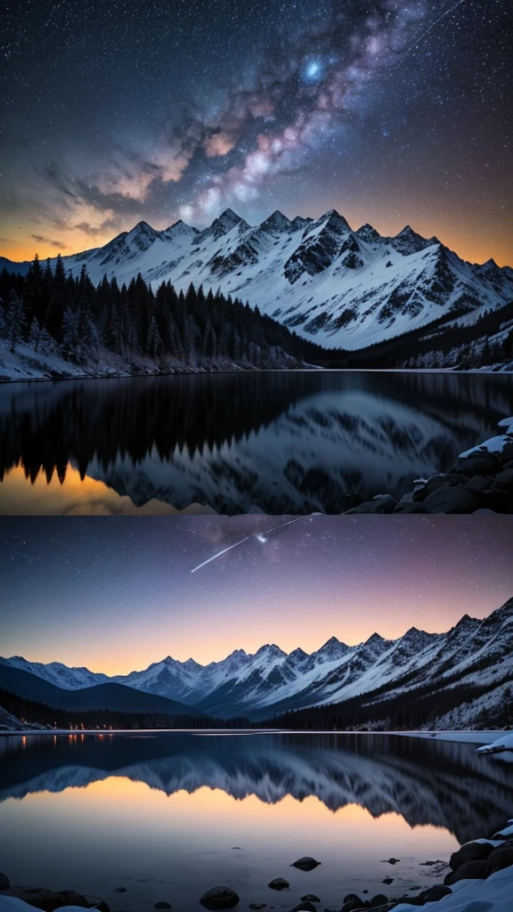 Under the stars、A fascinating night scene with snowy mountains。In the center of the image is a mountain、Symmetrically spreads to the left and right、Reflected in the tranquil, mirror-like lake at the foot of the mountain。The sky is dominated by countless stars and the Milky Way.、It gives depth and surprise.。The color palette is predominantly deep blue.、purple、Consists of white、It creates a cool and quiet atmosphere.。Lighting is low、I rely on the natural glow of the stars and reflections from the snow to light the scene.。The viewpoint is straight ahead、The camera was placed on the shore of the lake.、It captures a panoramic view of the mountains and sky.。The rocks in the foreground add texture and depth.、Lead your eyes to majestic mountain peaks and starry skies。There are no characters or additional objects.、Focus on natural beauty and tranquility。