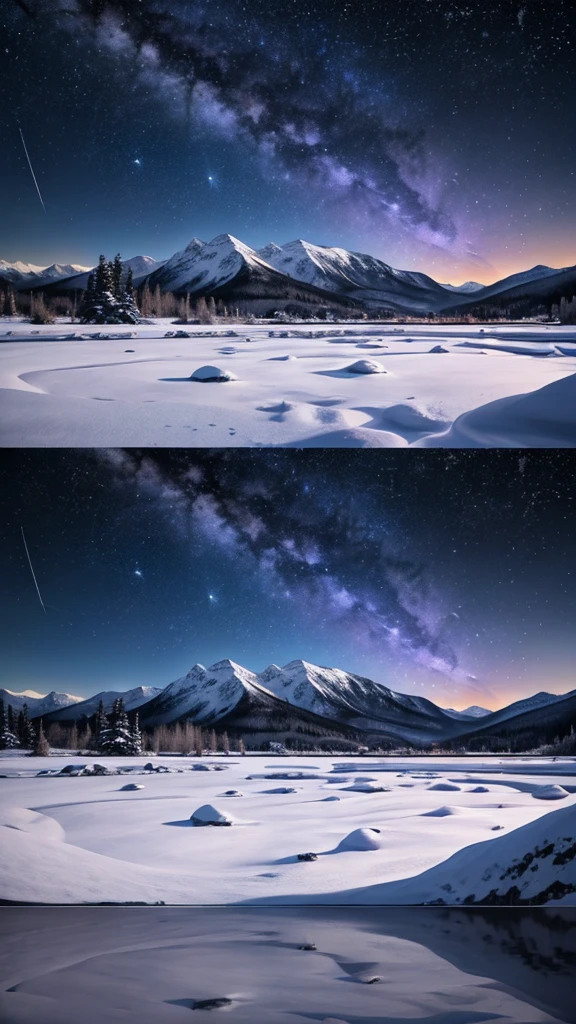 Under the stars、A fascinating night scene with snowy mountains。In the center of the image is a mountain、Symmetrically spreads to the left and right、Reflected in the tranquil, mirror-like lake at the foot of the mountain。The sky is dominated by countless stars and the Milky Way.、It gives depth and surprise.。The color palette is predominantly deep blue.、purple、Consists of white、It creates a cool and quiet atmosphere.。Lighting is low、I rely on the natural glow of the stars and reflections from the snow to light the scene.。The viewpoint is straight ahead、The camera was placed on the shore of the lake.、It captures a panoramic view of the mountains and sky.。The rocks in the foreground add texture and depth.、Lead your eyes to majestic mountain peaks and starry skies。There are no characters or additional objects.、Focus on natural beauty and tranquility。