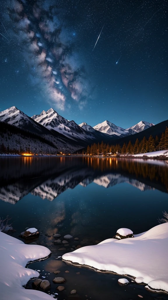 Under the stars、A fascinating night scene with snowy mountains。In the center of the image is a mountain、Symmetrically spreads to the left and right、Reflected in the tranquil, mirror-like lake at the foot of the mountain。The sky is dominated by countless stars and the Milky Way.、It gives depth and surprise.。The color palette is predominantly deep blue.、purple、Consists of white、It creates a cool and quiet atmosphere.。Lighting is low、I rely on the natural glow of the stars and reflections from the snow to light the scene.。The viewpoint is straight ahead、The camera was placed on the shore of the lake.、It captures a panoramic view of the mountains and sky.。The rocks in the foreground add texture and depth.、Lead your eyes to majestic mountain peaks and starry skies。There are no characters or additional objects.、Focus on natural beauty and tranquility。