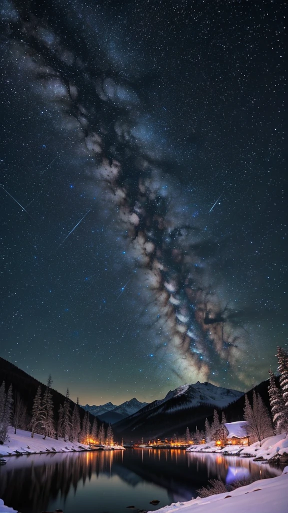 Under the stars、A fascinating night scene with snowy mountains。In the center of the image is a mountain、Symmetrically spreads to the left and right、Reflected in the tranquil, mirror-like lake at the foot of the mountain。The sky is dominated by countless stars and the Milky Way.、It gives depth and surprise.。The color palette is predominantly deep blue.、purple、Consists of white、It creates a cool and quiet atmosphere.。Lighting is low、I rely on the natural glow of the stars and reflections from the snow to light the scene.。The viewpoint is straight ahead、The camera was placed on the shore of the lake.、It captures a panoramic view of the mountains and sky.。The rocks in the foreground add texture and depth.、Lead your eyes to majestic mountain peaks and starry skies。There are no characters or additional objects.、Focus on natural beauty and tranquility。