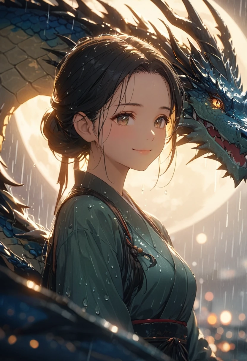 high-res,8K,((((ultra detailed face)))),((big smiling))).((forehead)),woman on her beautiful dragon,rainy,soft light,moon,soft focus