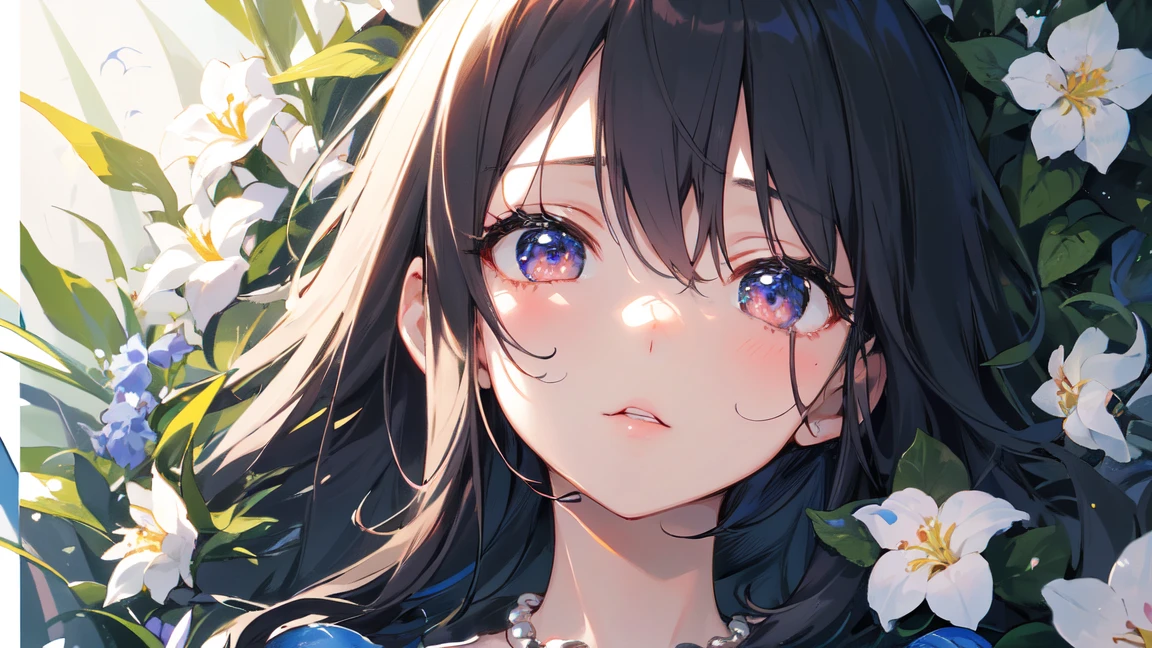 A beautiful girl, hair over the shoulder, clear eyes, smooth hair, exquisite and perfect facial features, the most beautiful big eyes, long eyelashes, sweet eyes with lying silkworms, pout, dynamic angle, ultimate picture quality, the highest precision, accurate and perfect human body, necklace, bust, close-up, outdoors, background is flowers and plants, long shot,