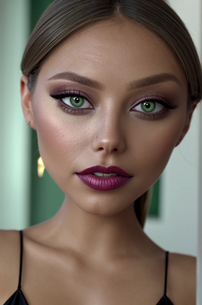 mirage, green eyes, make up, by white, Very detailed, cinematographic,